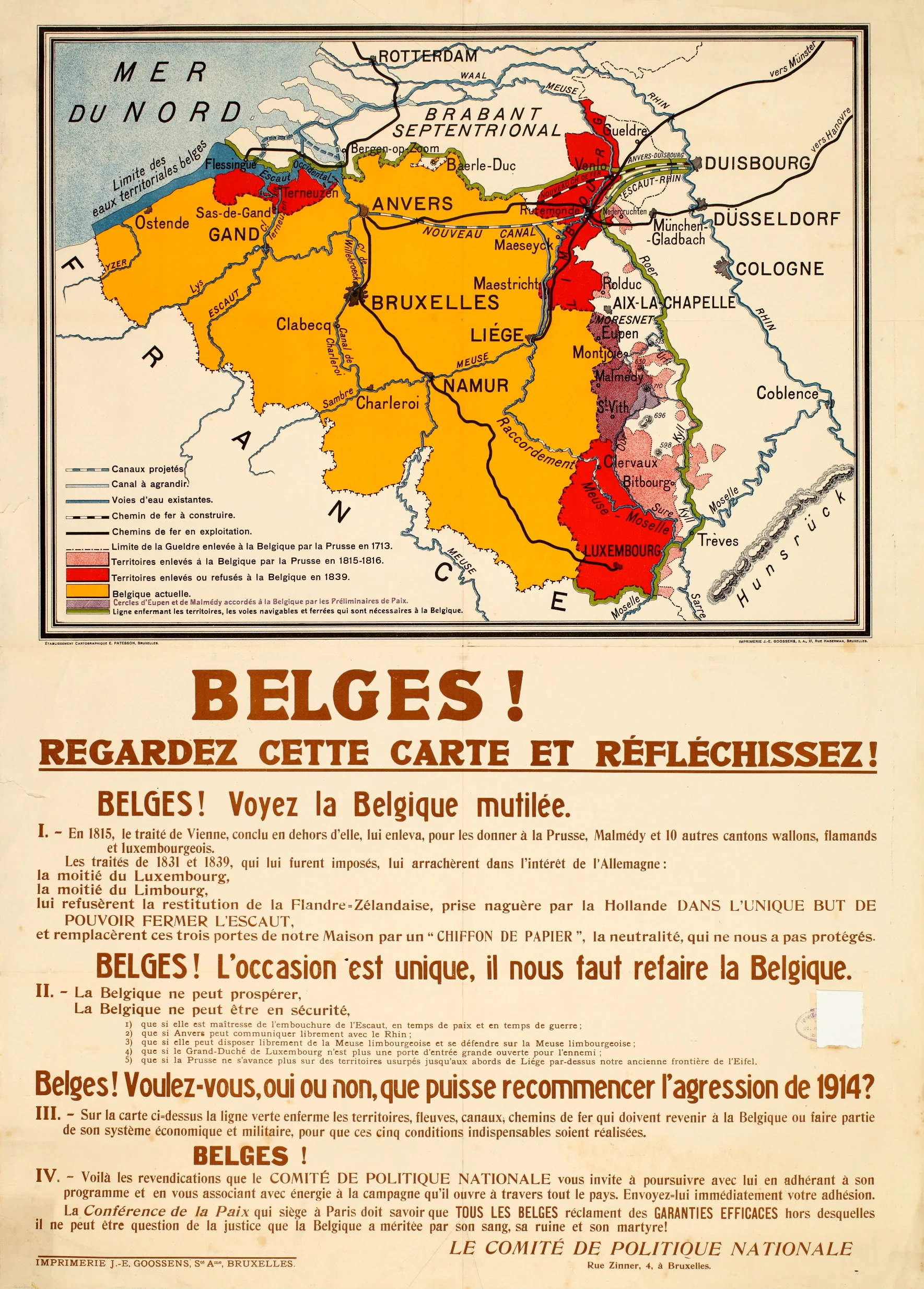 Carte irrédentiste de la Belgique en 1919 avec toutes ses revendications territoriales