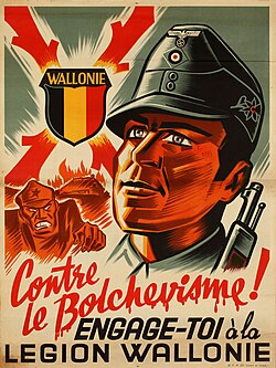 Affiche de propagande de la Légion Wallonie,les soldats portant l'uniforme nazi. Les nazis voulant germaniser les wallons comme vu précédemment.